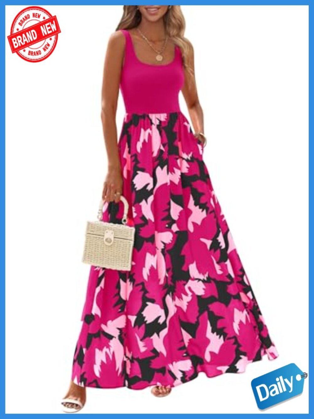 Women Sleeveless Boho Floral Maxi Dress Scoop Neck Tank A Line Flowy Beach